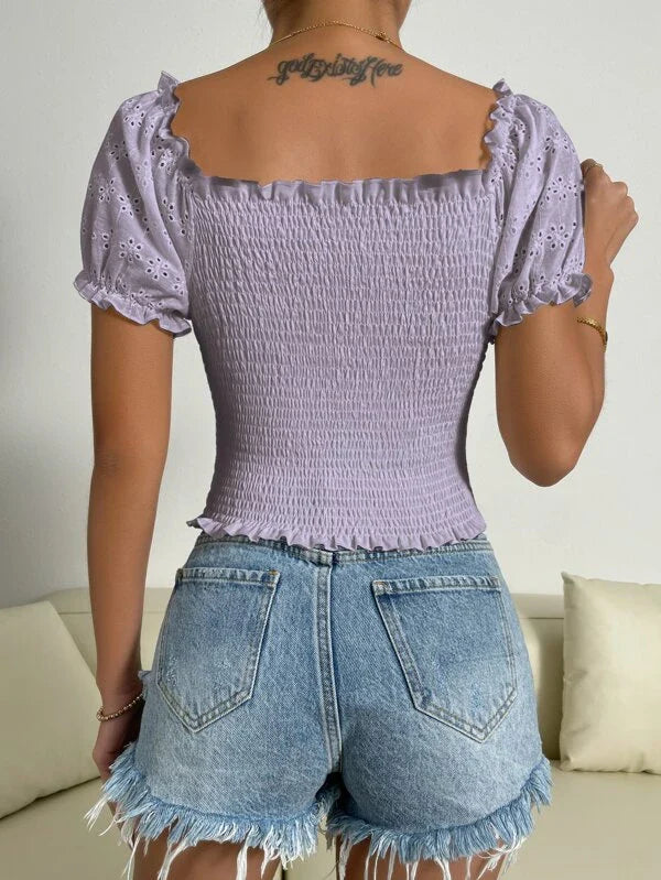 Eyelet Embroidery Puff Sleeve Shirred Top (Code: SY10)