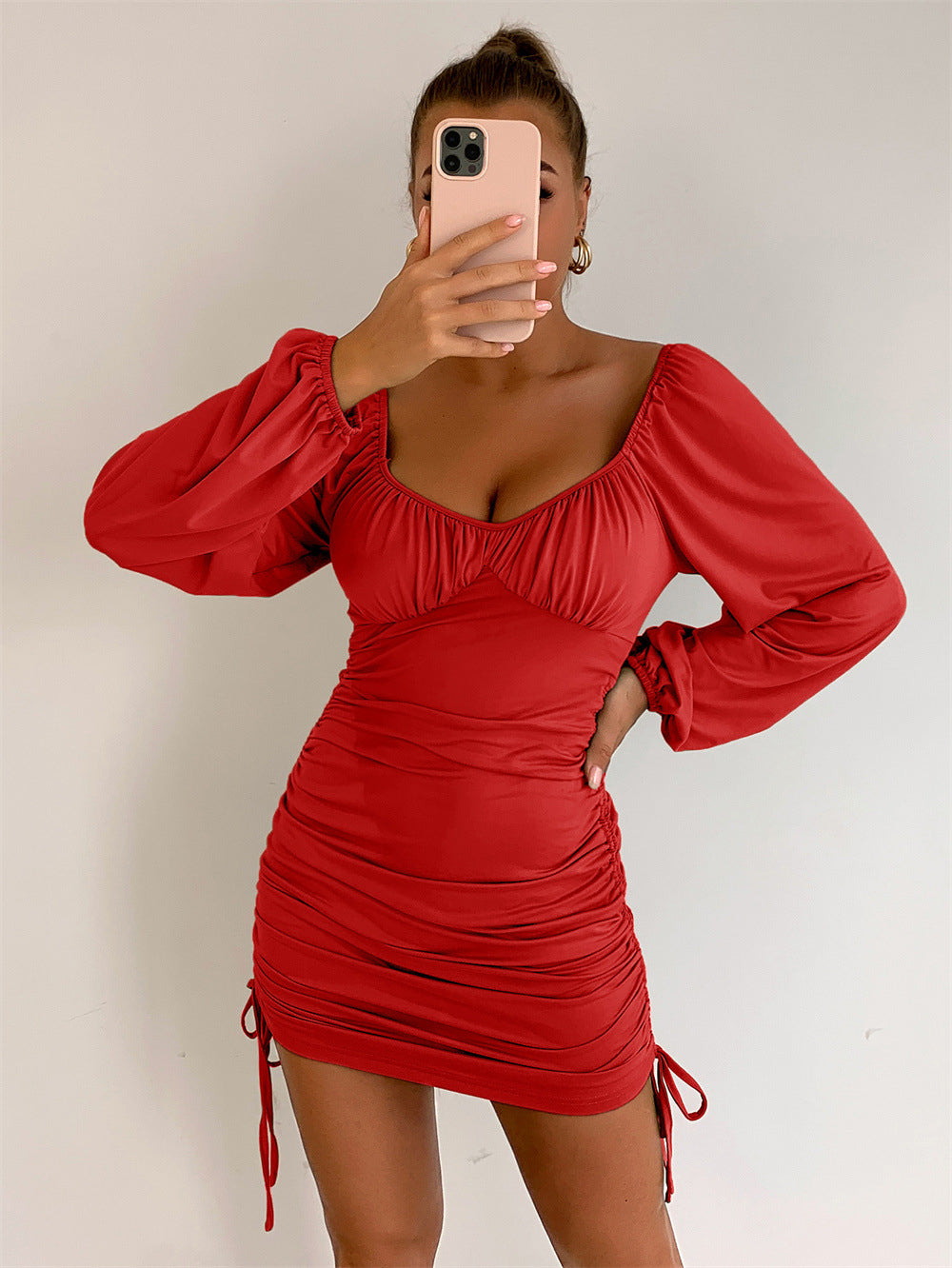 Lantern Sleeve Drawstring Side Ruched Bodycon Dress (Code-161)