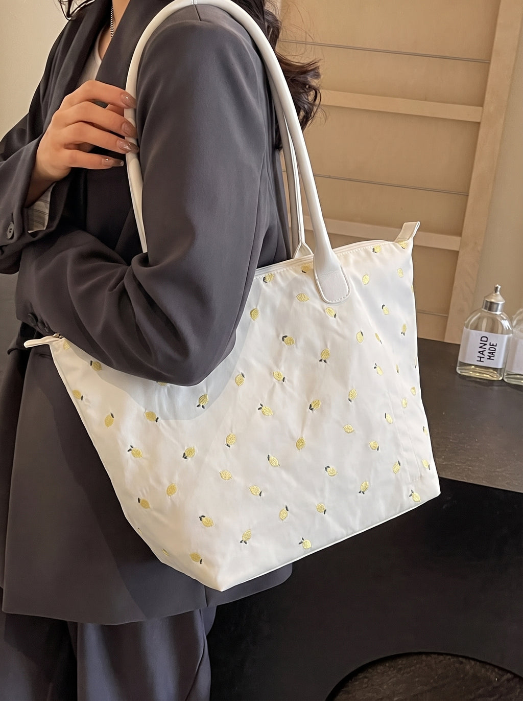 No Boundaries Women's Tote Bag, White with Lemon Embroidery