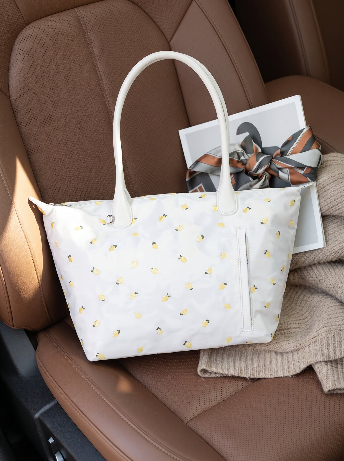No Boundaries Women's Tote Bag, White with Lemon Embroidery