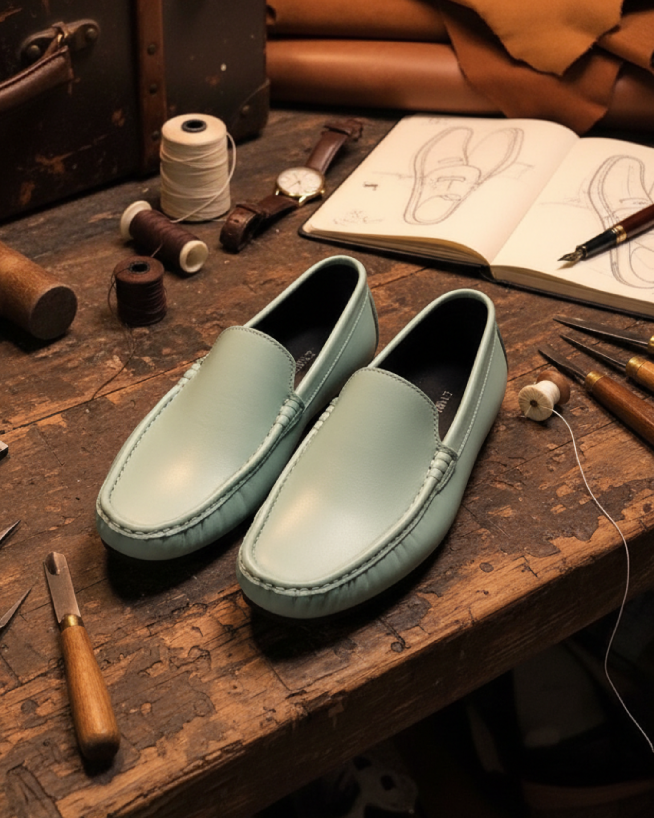 Handcrafted Leather Slip-On Moccasins Sky-Blue
