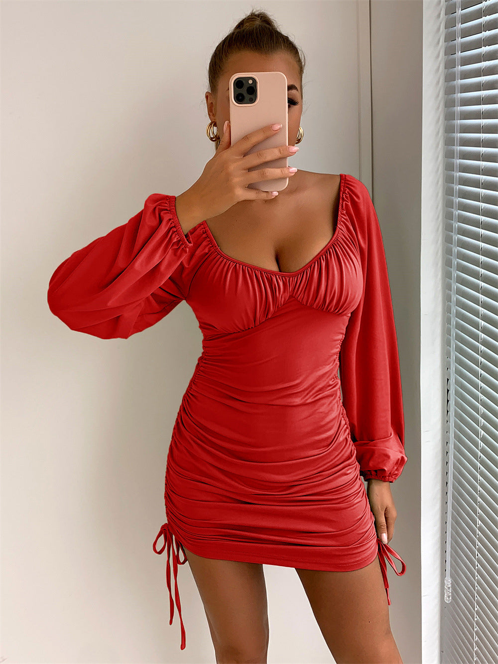 Lantern Sleeve Drawstring Side Ruched Bodycon Dress (Code-161)