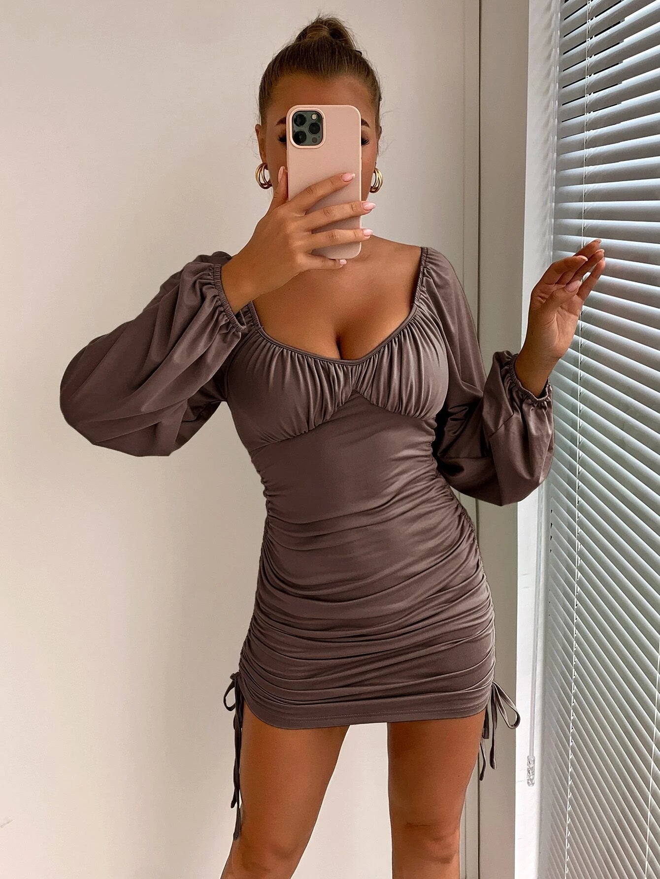 Lantern Sleeve Drawstring Side Ruched Bodycon Dress (Code-161)