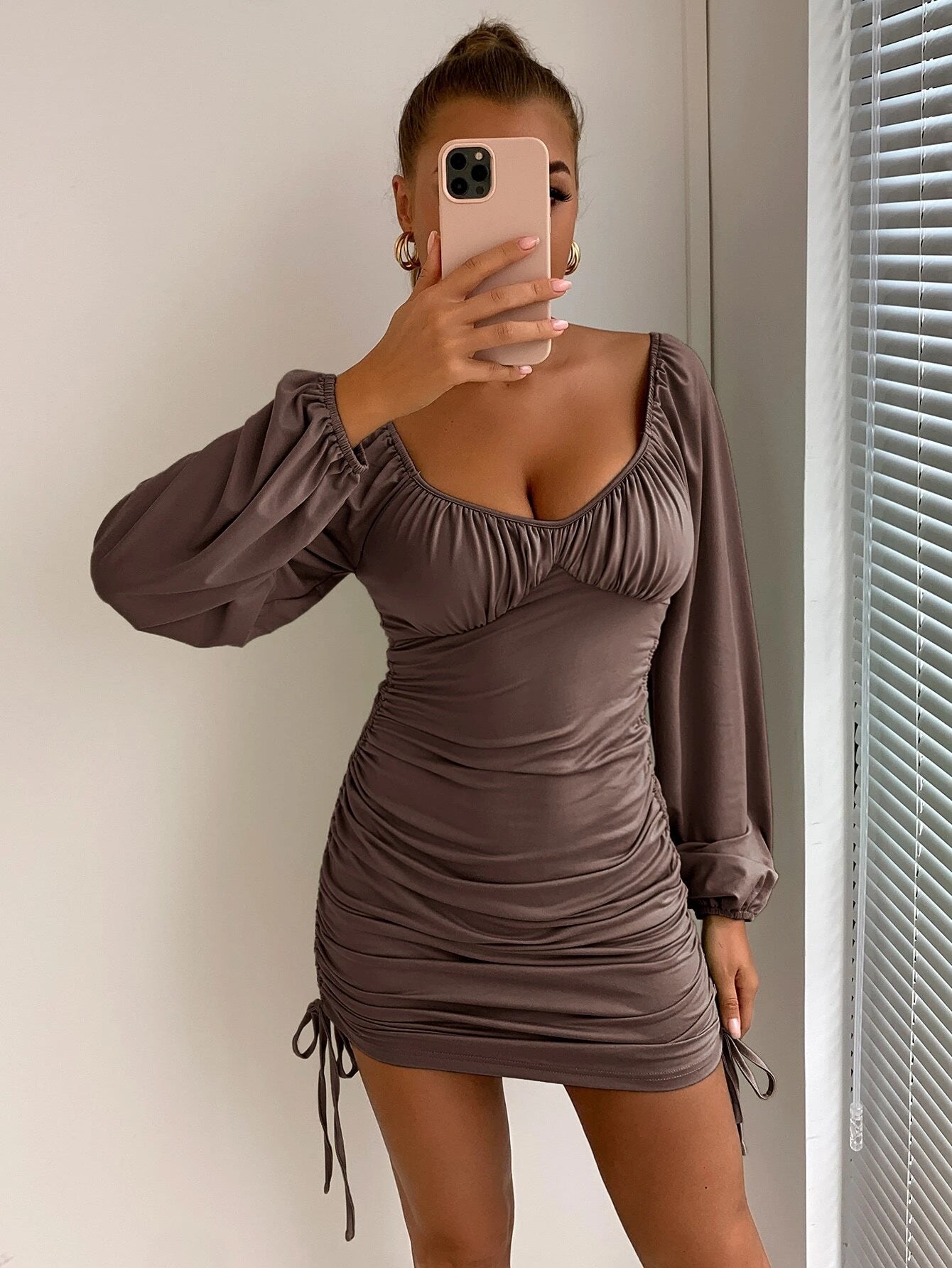 Lantern Sleeve Drawstring Side Ruched Bodycon Dress (Code-161)