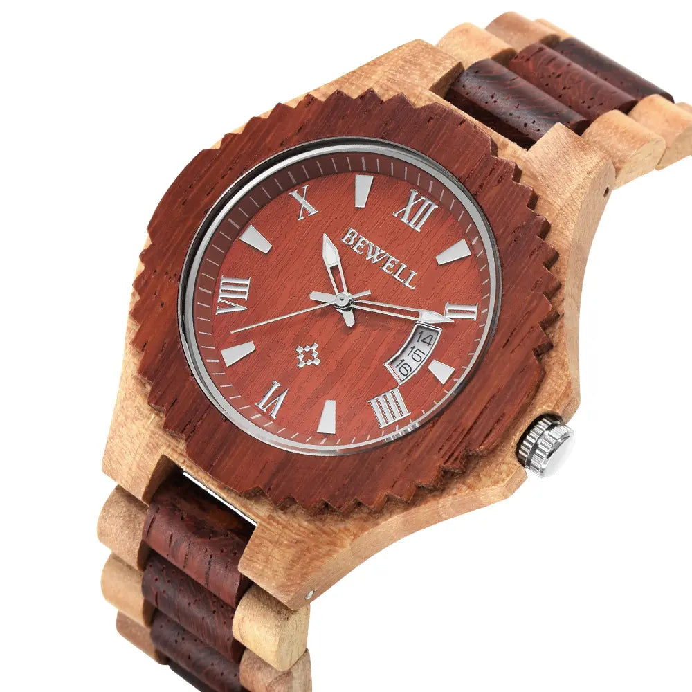 Handcrafted wooden wristwatch with Roman numeral markers on a white background - BlackBole High Quality Watch