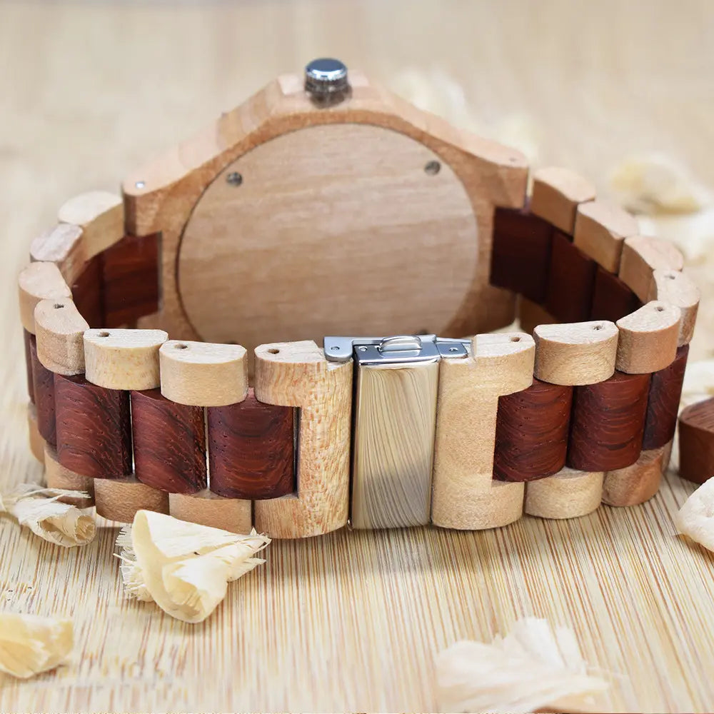 Back view of a handcrafted wooden wristwatch featuring a two-tone wood link band and stainless steel clasp on a bamboo surface - BlackBole High Quality Watch