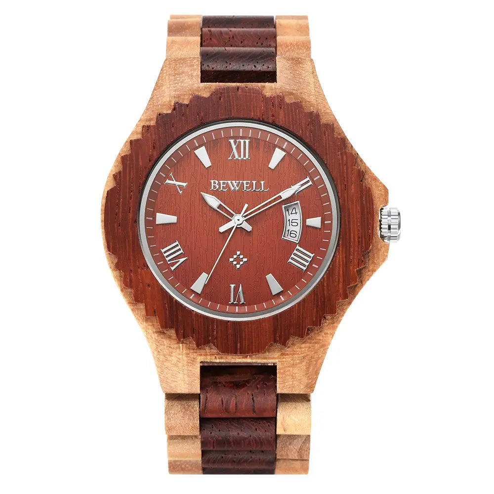 Handcrafted wooden wristwatch with red sandalwood dial and Roman numeral markers displayed on white background - BlackBole High Quality Watch