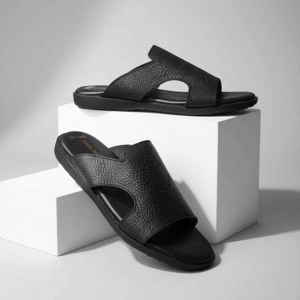 Black sandals on a white cube with a neutral background - BlackBole High Quality Sandal