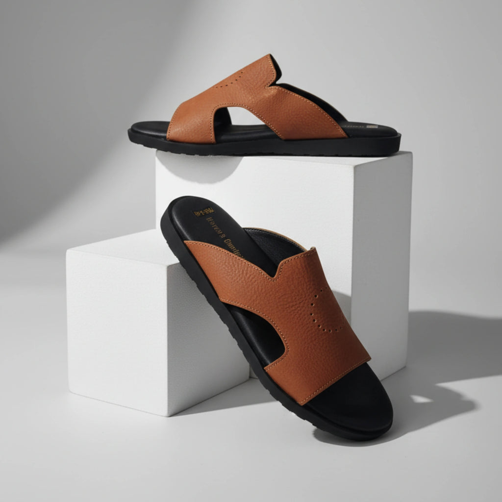 Brown and black sandals on a white cube with a neutral background - BlackBole High Quality Sandal