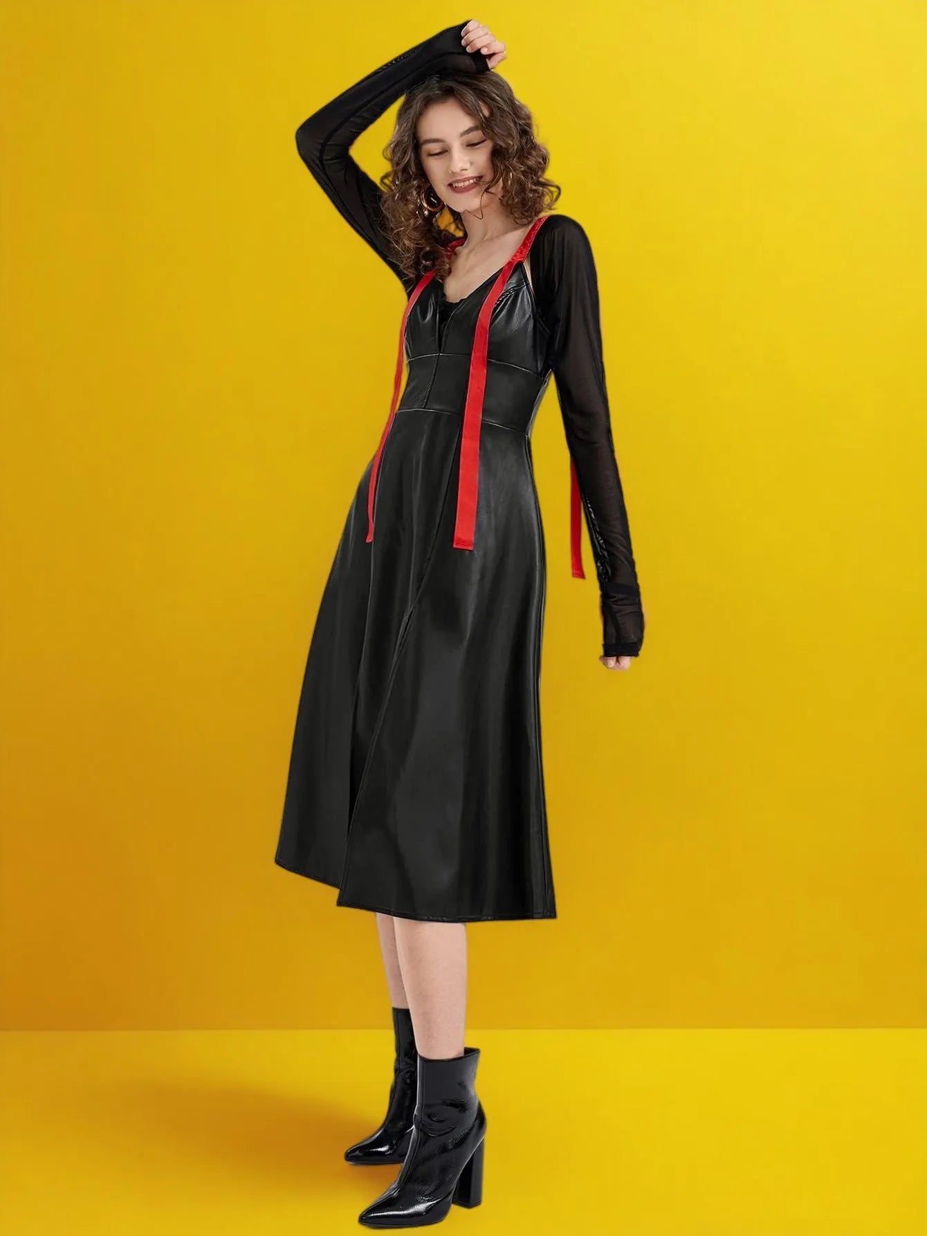 Woman wearing a black dress with red accents against a yellow background - BlackBole High Quality Western Dress