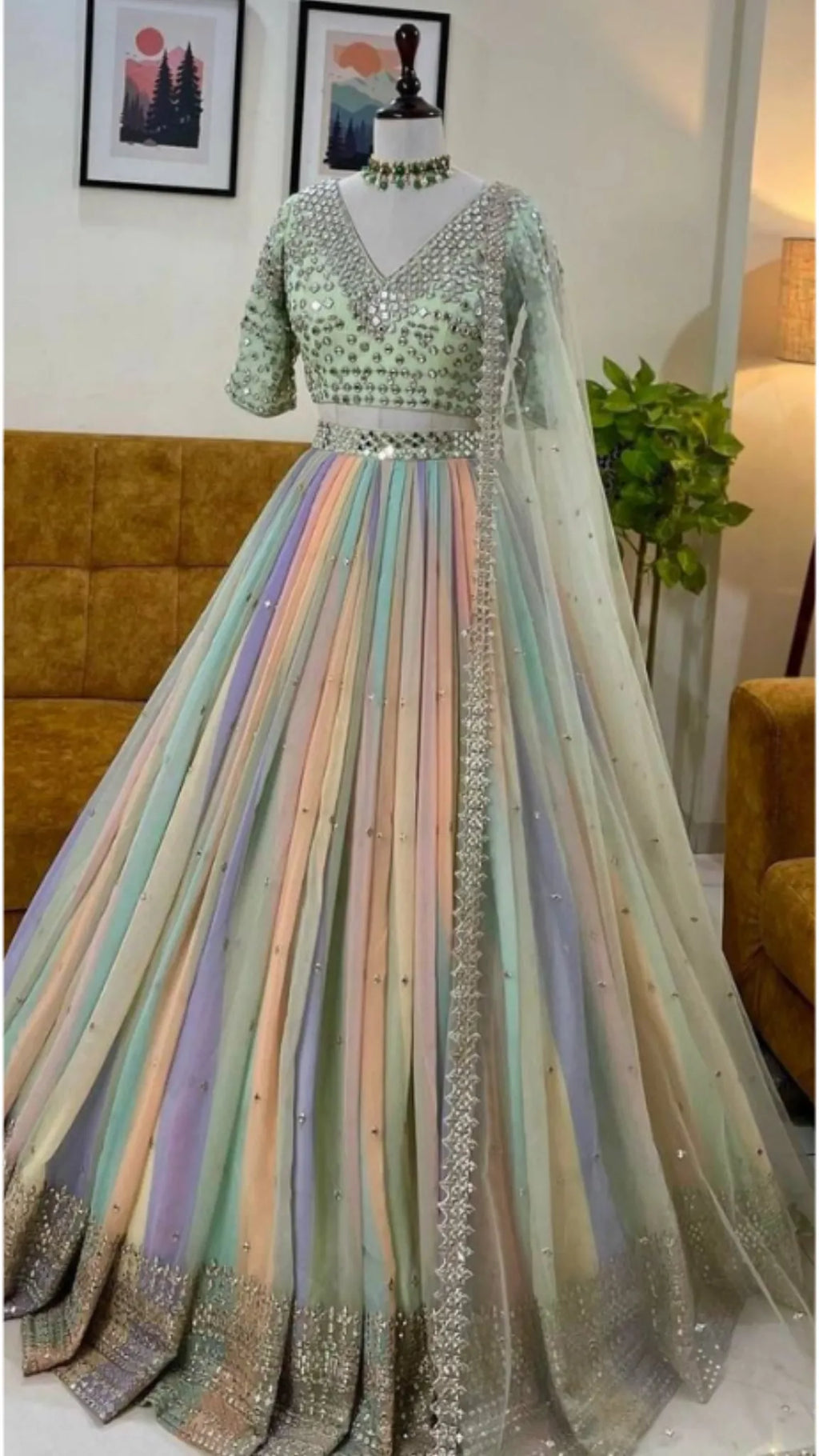 Multicolored striped dress with a sheer overlay on a mannequin against a neutral background - BlackBole High Quality indo western Dress