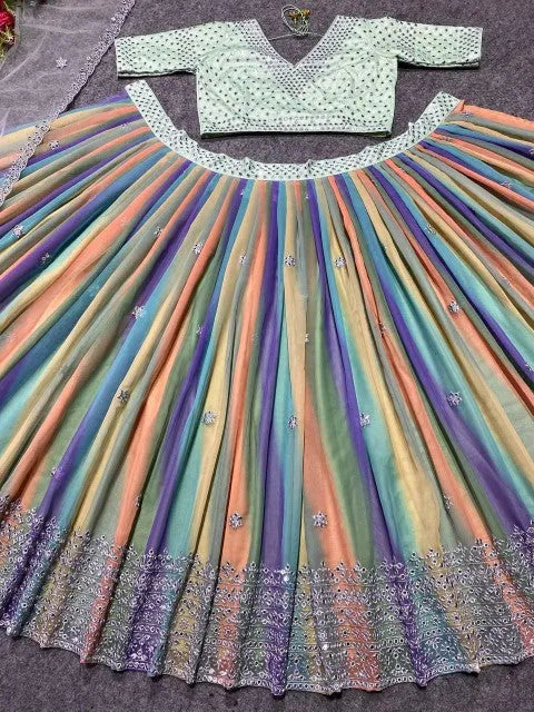 Colorful traditional outfit with a patterned top and multicolored skirt on a dark background - BlackBole High Quality indo western Dress