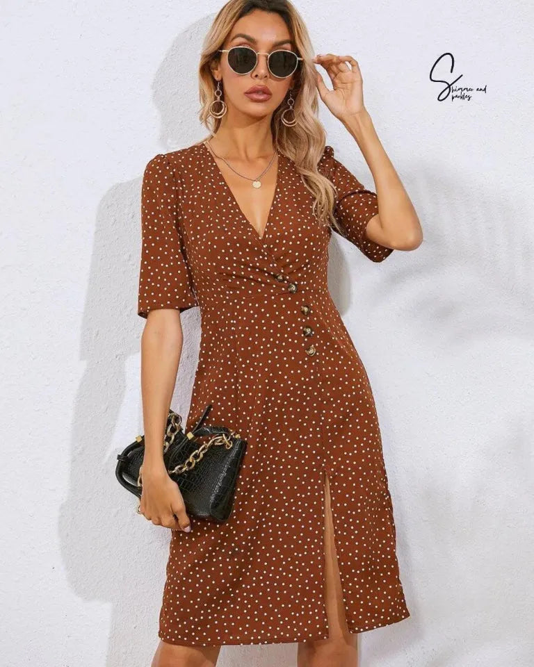 Woman wearing a brown polka dot dress with a black handbag against a white background - BlackBole High Quality Western Dress