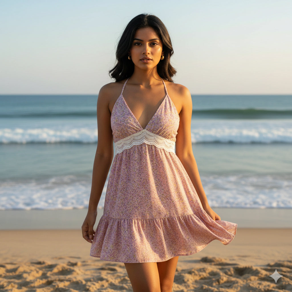 Woman in a pink dress standing on a beach with ocean waves in the background - BlackBole High Quality Western Dress