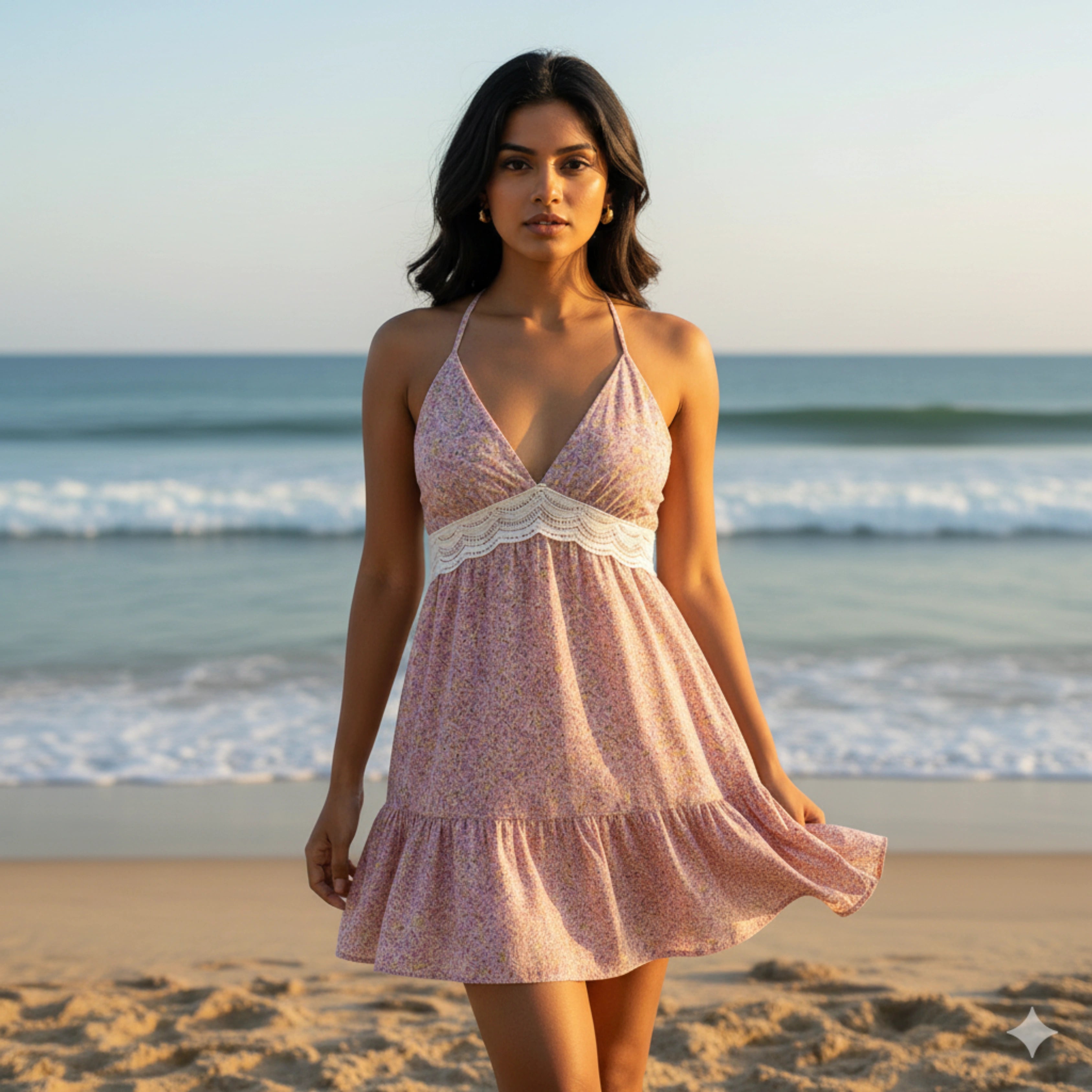Woman in a pink dress standing on a beach with ocean waves in the background - BlackBole High Quality Western Dress