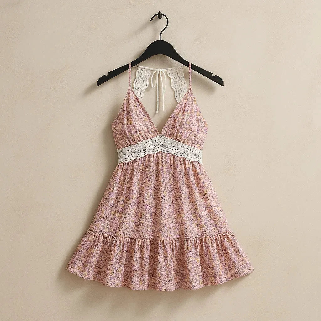 Pink floral dress with lace details on a hanger against a beige background - BlackBole High Quality Western Dress