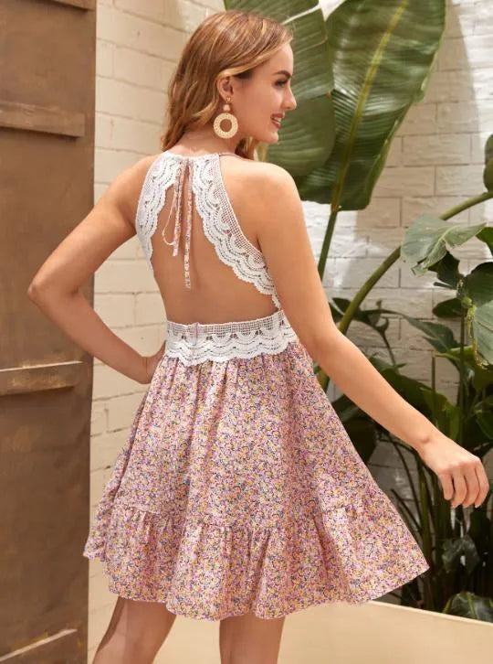 Woman wearing a floral dress with a lace top in an outdoor setting - BlackBole High Quality Western Dress