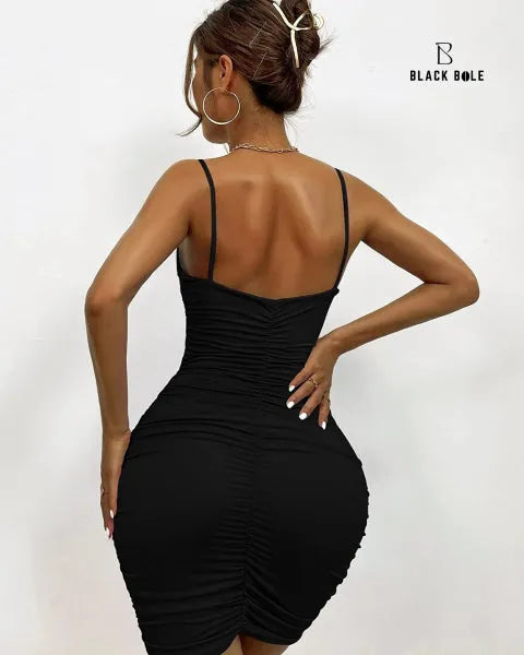 Woman wearing a black dress with thin straps on a white background, brand 'Blackbole' visible - BlackBole High Quality Western Dress