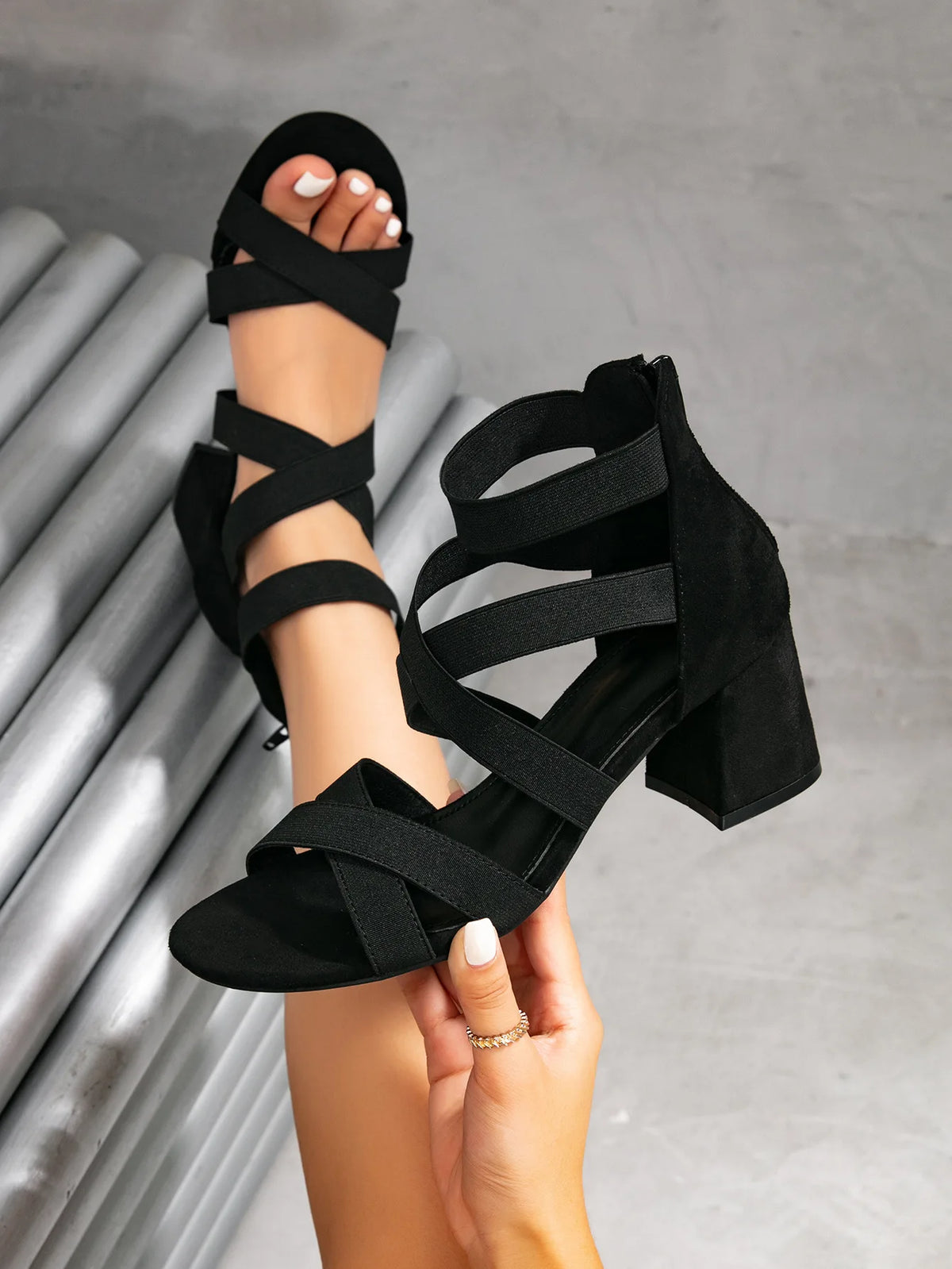 Cross Strap Block Sandal in black