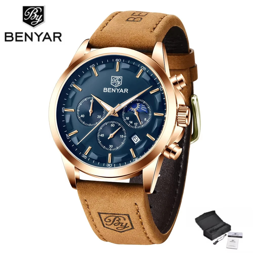 Tan Leather Chronograph Watch, blue dial