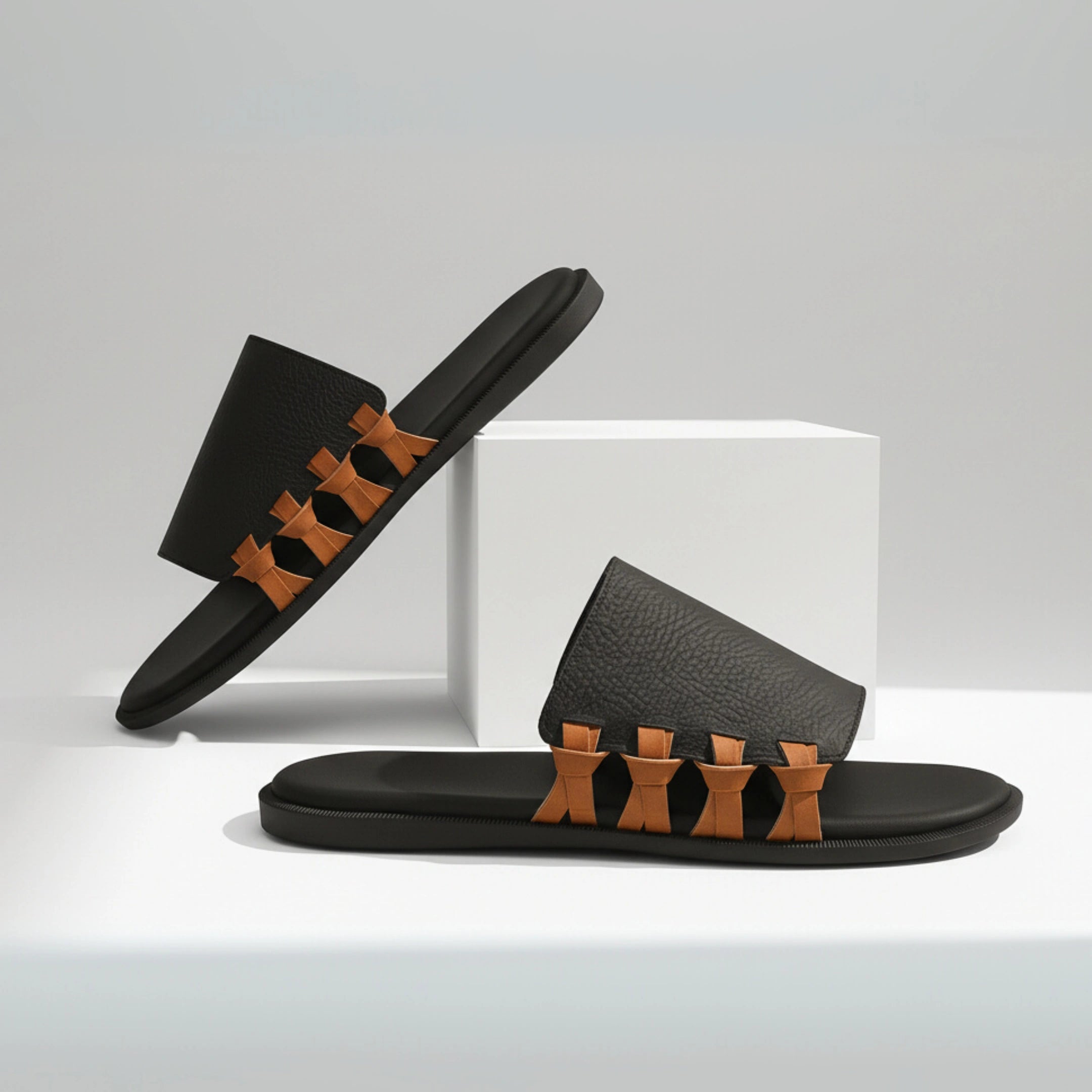 Black sandals with brown accents on a gray background - BlackBole High Quality Sandal