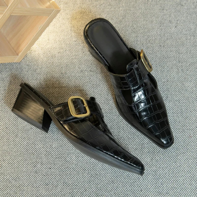 Croc-Print Buckle Mule in black