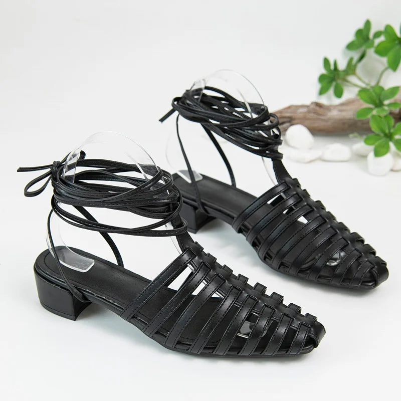 Woven Cage Lace-Up Sandal in black