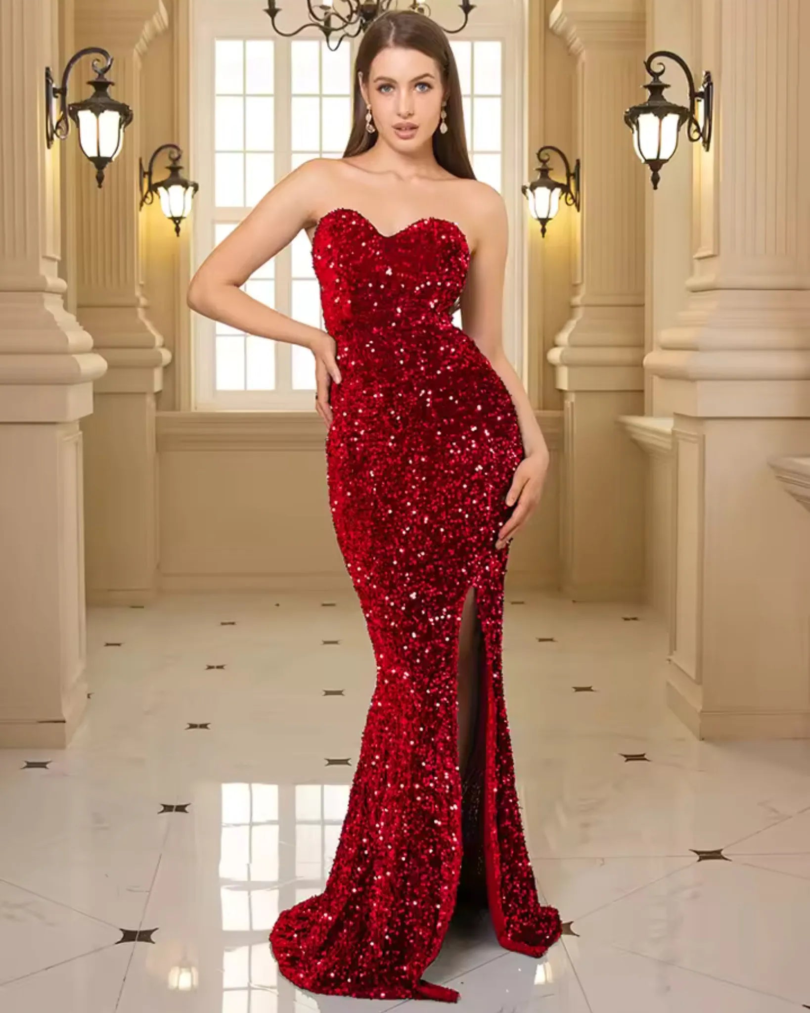 Woman wearing a red sequin dress in an elegant indoor setting - BlackBole High Quality Western Dress