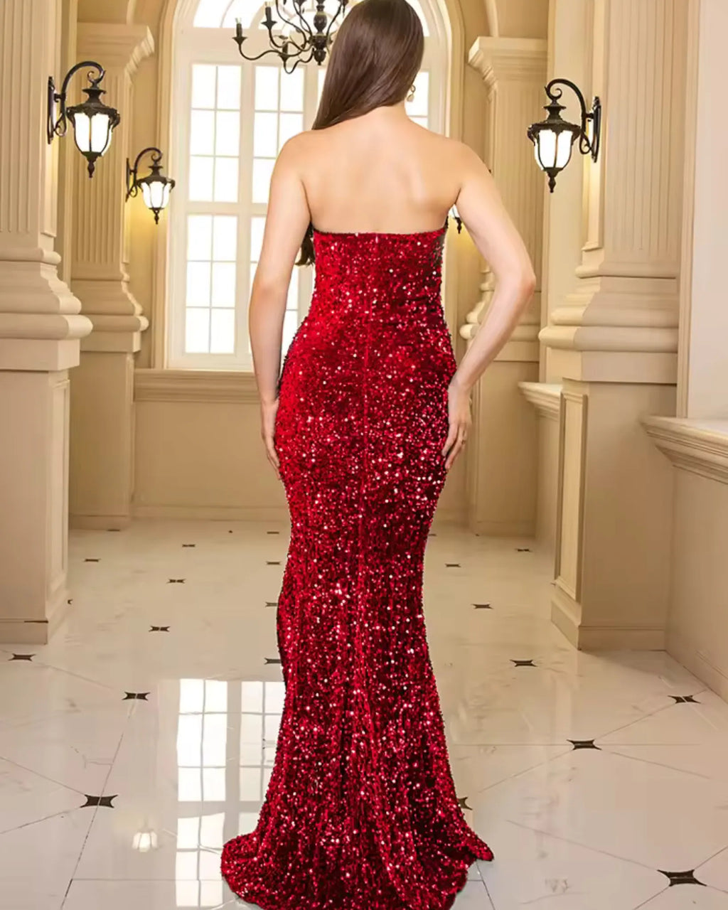 Woman in a red sequin gown standing in an elegant hallway - BlackBole High Quality Western Dress