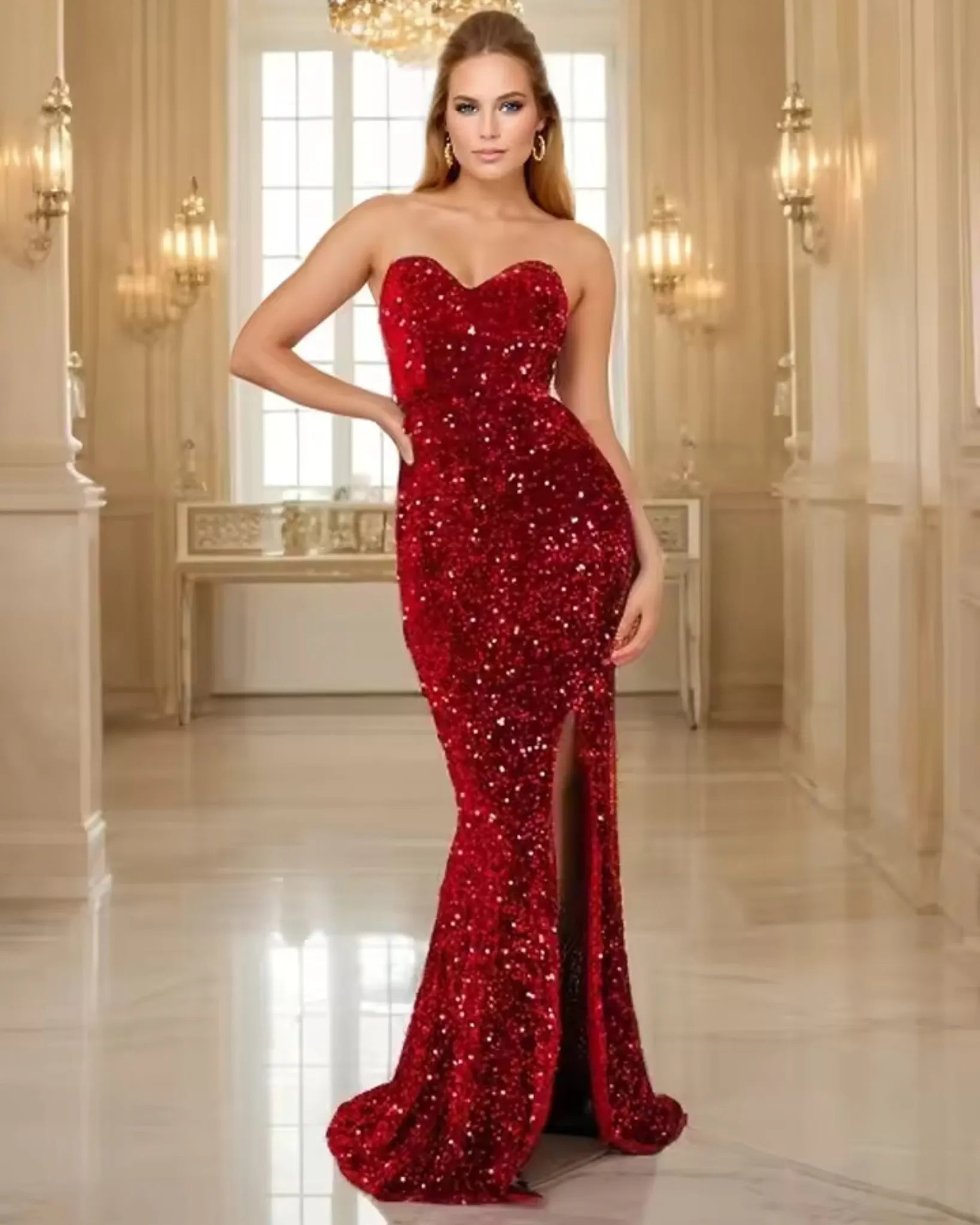 Woman wearing a red sequin dress in an elegant interior setting - BlackBole High Quality Western Dress