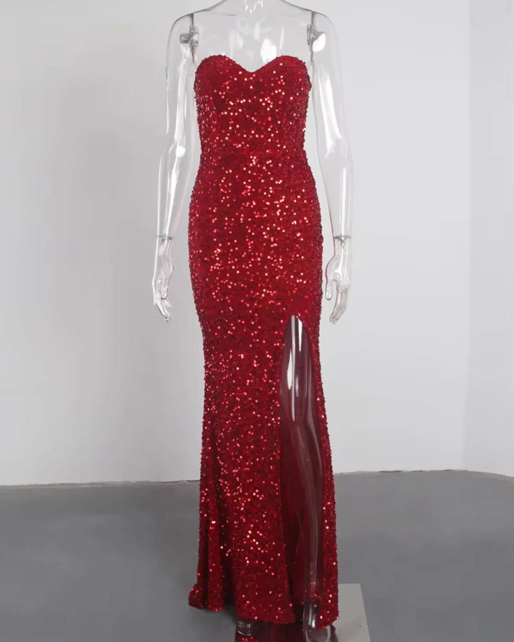 Red sequin evening gown on a mannequin against a plain background - BlackBole High Quality Western Dress