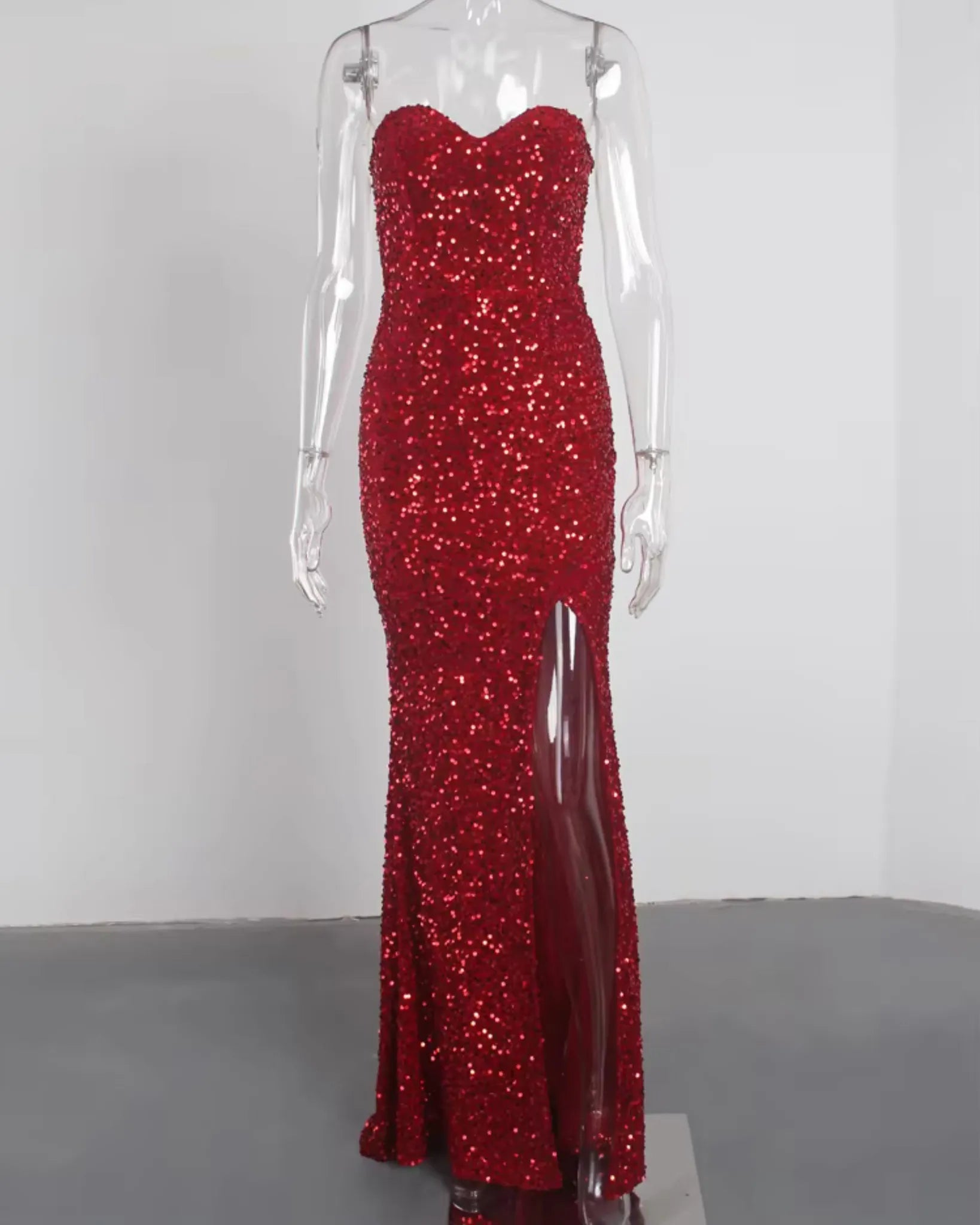 Red sequin evening gown on a mannequin against a plain background - BlackBole High Quality Western Dress