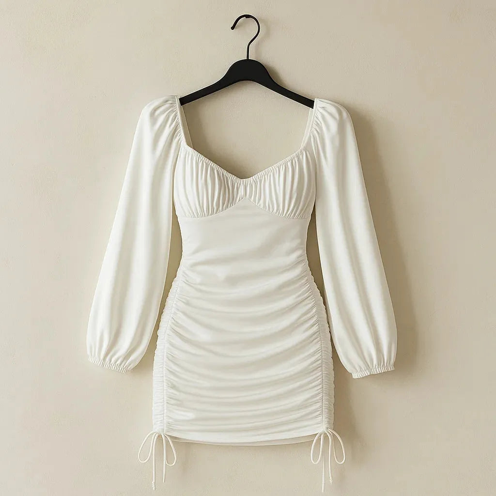 White dress with long sleeves on a hanger against a beige background - BlackBole High Quality Western Dress