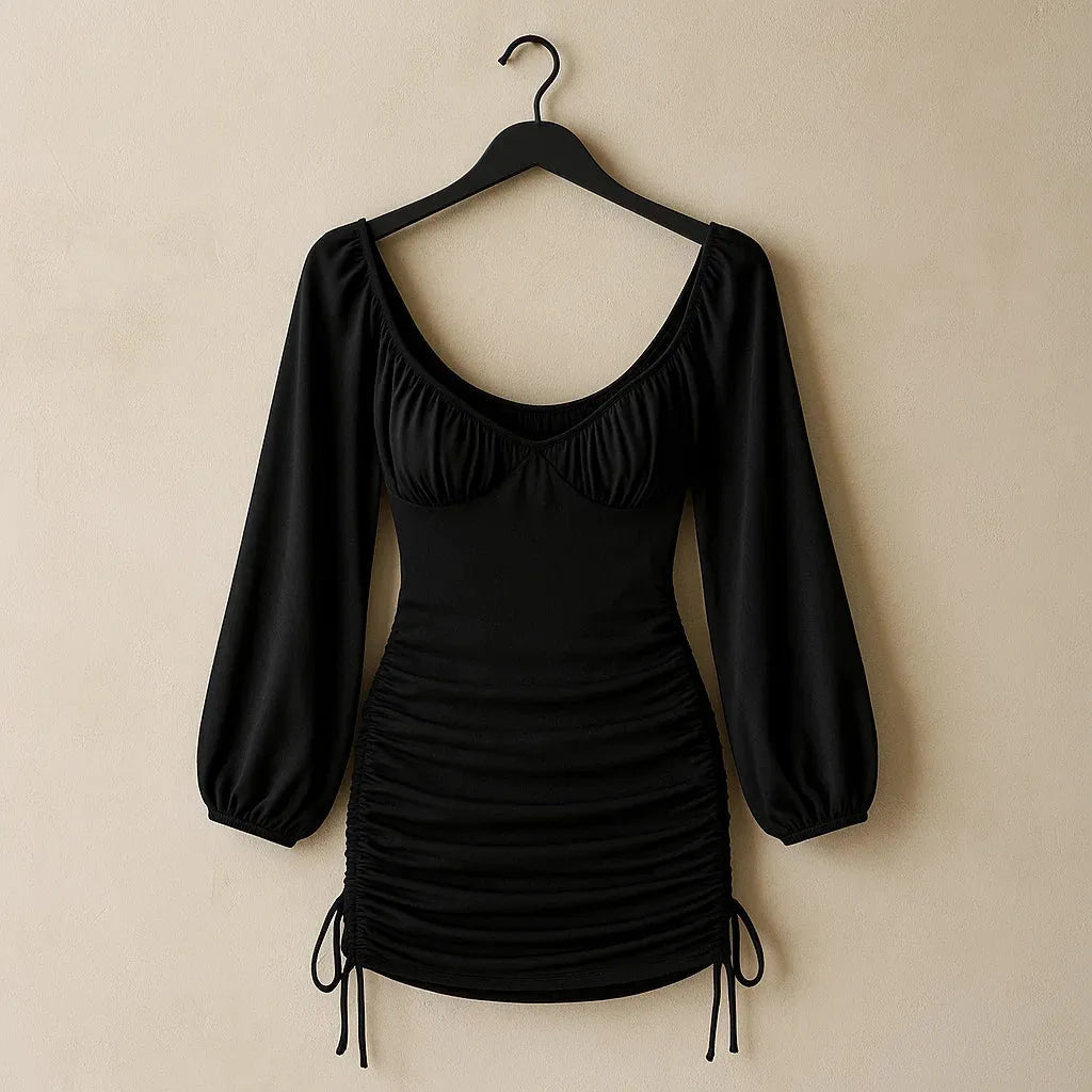 Black ruched top on a hanger against a beige wall - BlackBole High Quality Western Dress