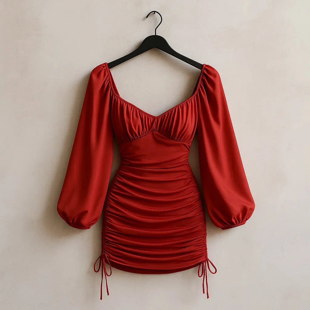 Red dress with puff sleeves on a hanger against a beige wall - BlackBole High Quality Western Dress