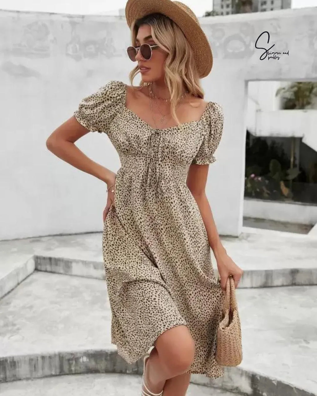 Woman in a leopard print dress and straw hat standing on a marble staircase - BlackBole High Quality Western Dress