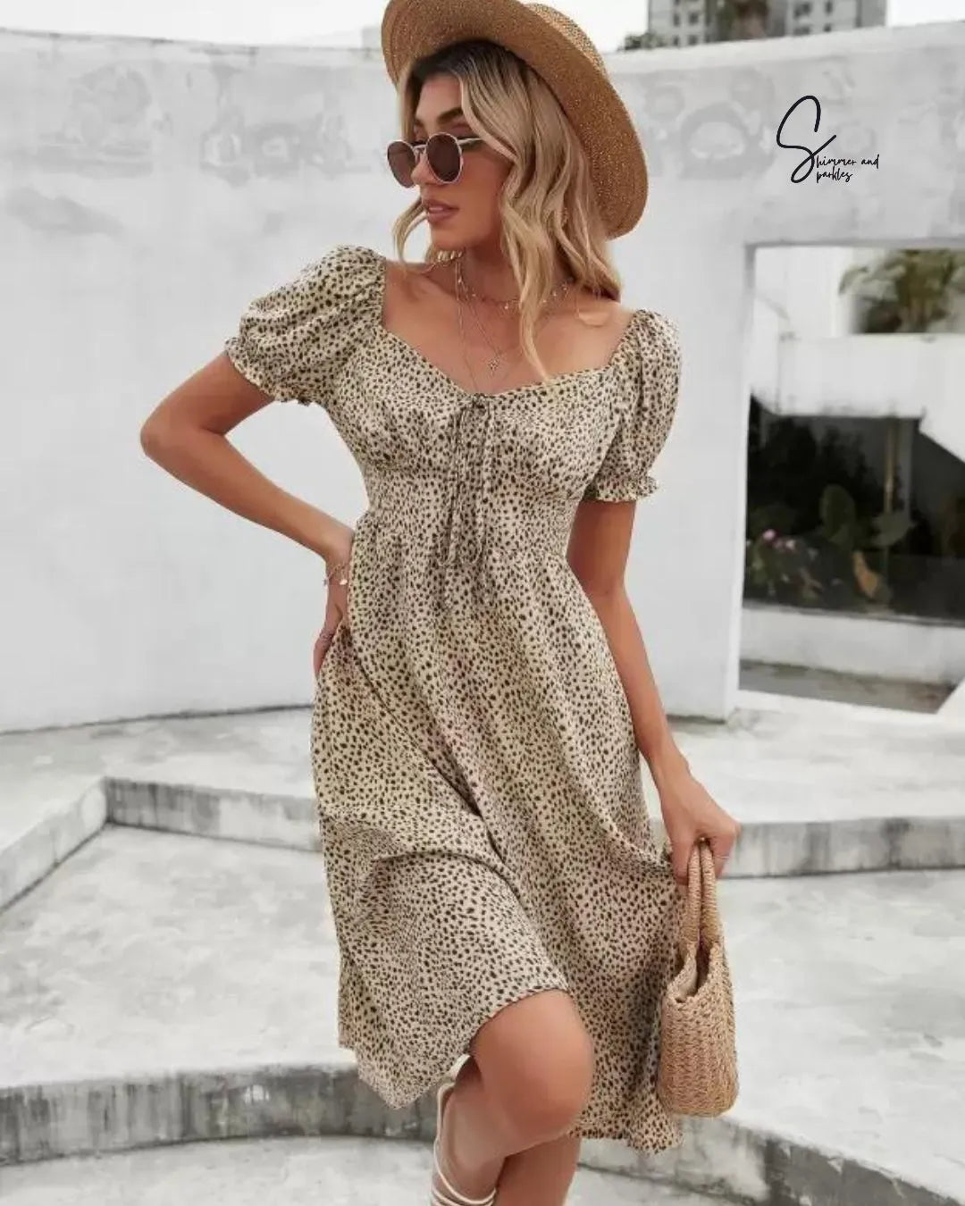 Woman in a leopard print dress and straw hat standing on a marble staircase - BlackBole High Quality Western Dress