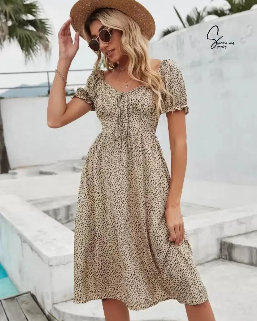 Woman wearing a patterned dress and straw hat by a poolside - BlackBole High Quality Western Dress