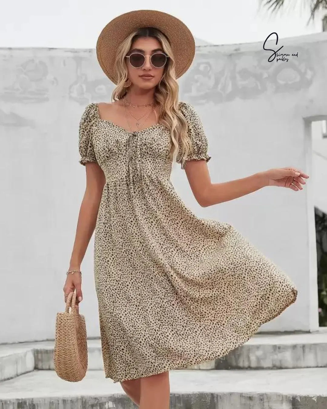 Woman in a patterned dress and straw hat standing against a white wall - BlackBole High Quality Western Dress