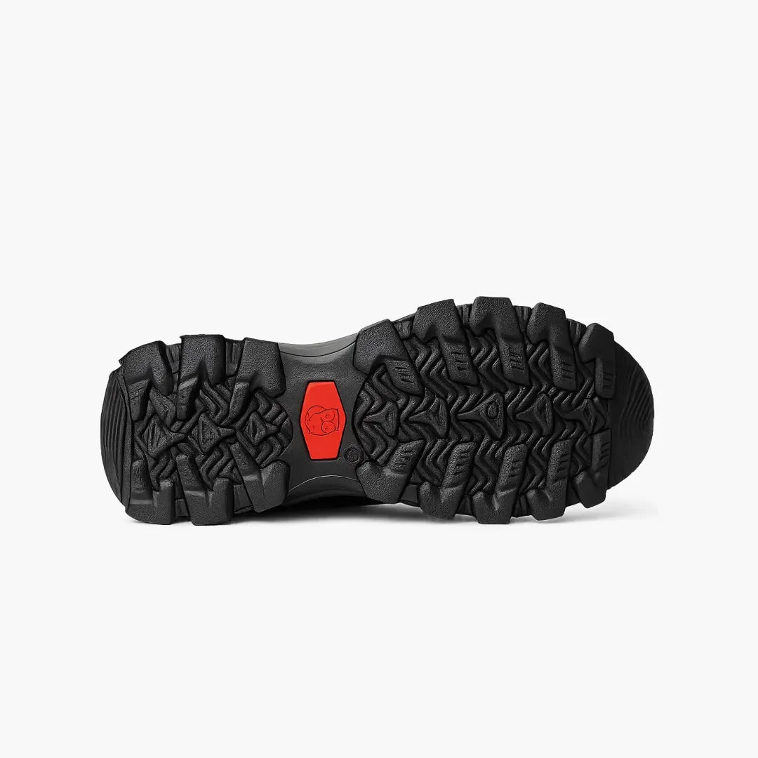 Close-up of a black hiking boot sole with red logo on a white background - BlackBole High Quality Shoe