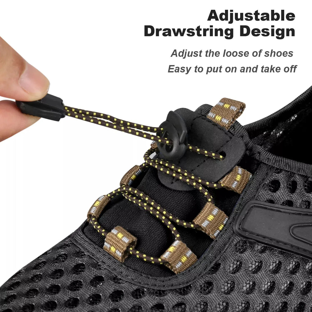 Black shoe with adjustable drawstring design being adjusted by a hand on a white background - BlackBole High Quality Shoe