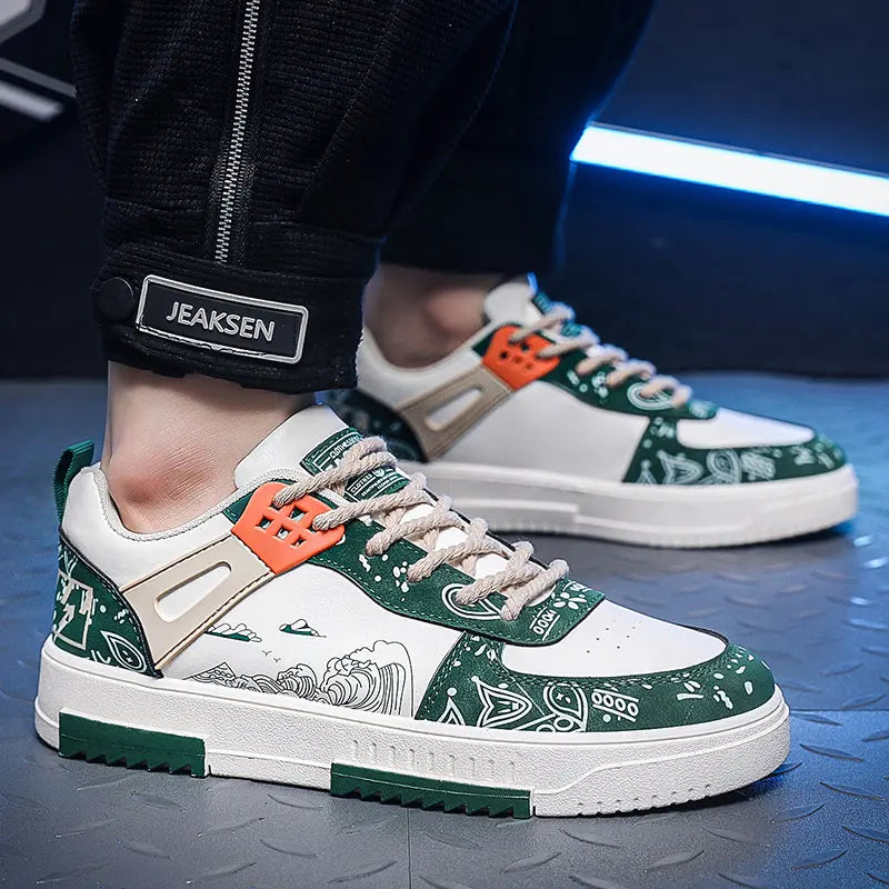 White and green graphic sneakers with beige laces and orange accents worn on foot - BlackBole High Quality Shoe
