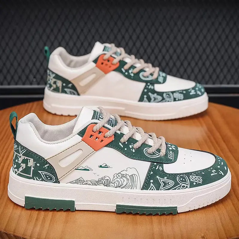 White and green streetwear sneakers with wave and graphic pattern accents, featuring beige panels and orange eyelet details displayed on a wooden surface. - BlackBole High Quality shoe