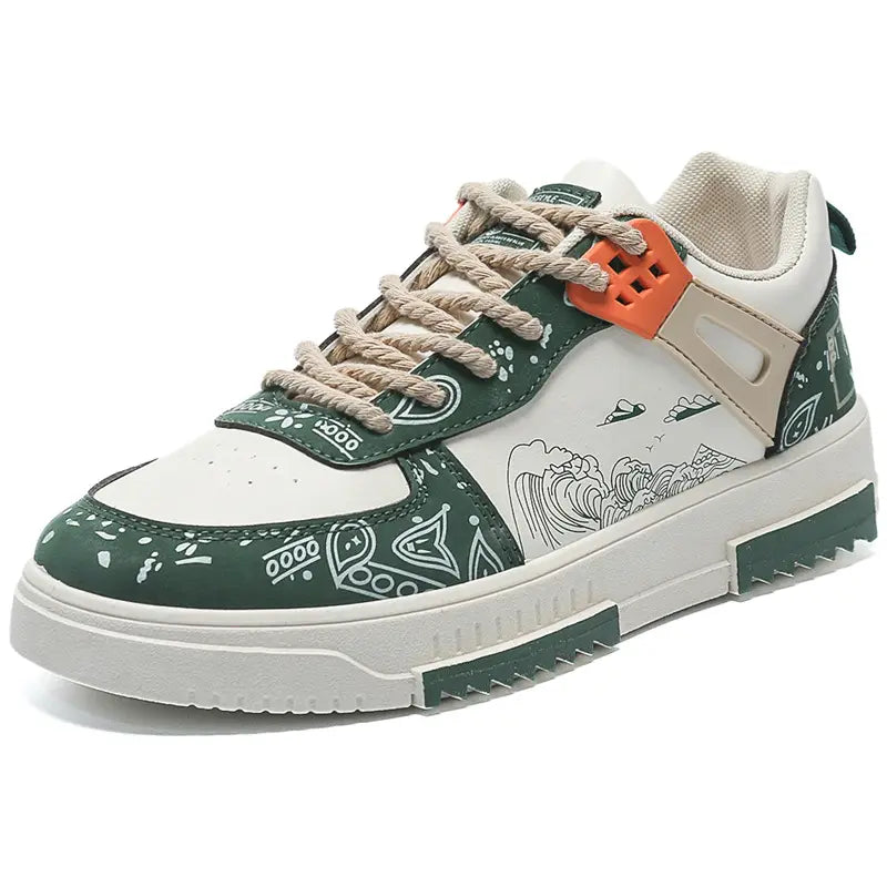 A pair of men's casual sneakers with a breathable design, featuring a white base color with green accents and a lace-up closure system - BlackBole High Quality Shoe