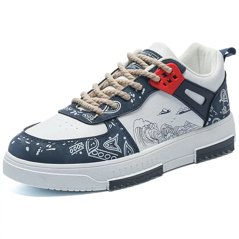 White and green streetwear sneakers with wave and graphic pattern accents, featuring beige panels and orange eyelet details displayed on a white background - BlackBole High Quality Shoe