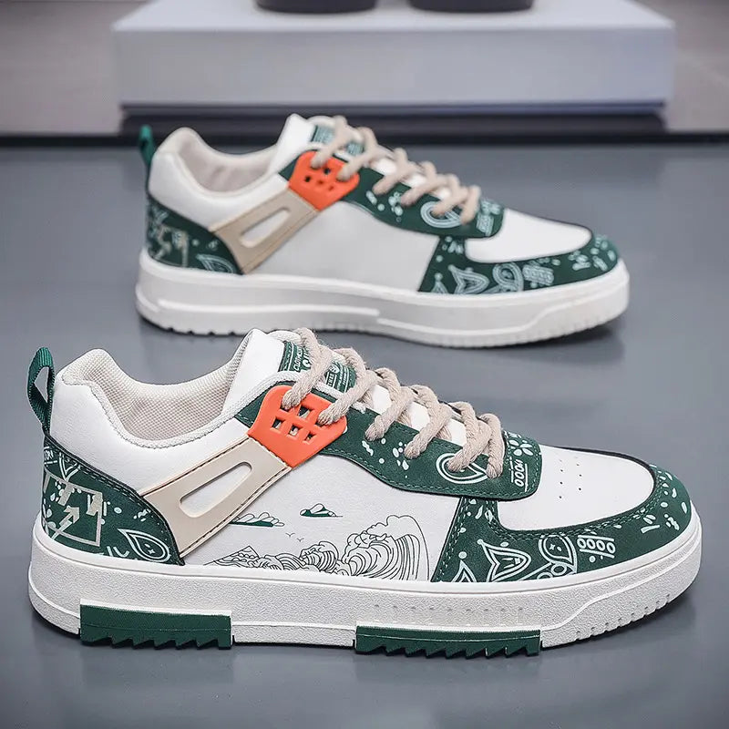 White and green graphic sneakers with beige laces and orange accents on a reflective surface - BlackBole High Quality Shoe