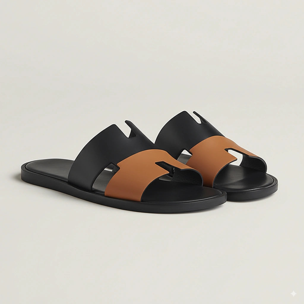 Pair of black and brown sandals on a light gray background - BlackBole High Quality Sandal