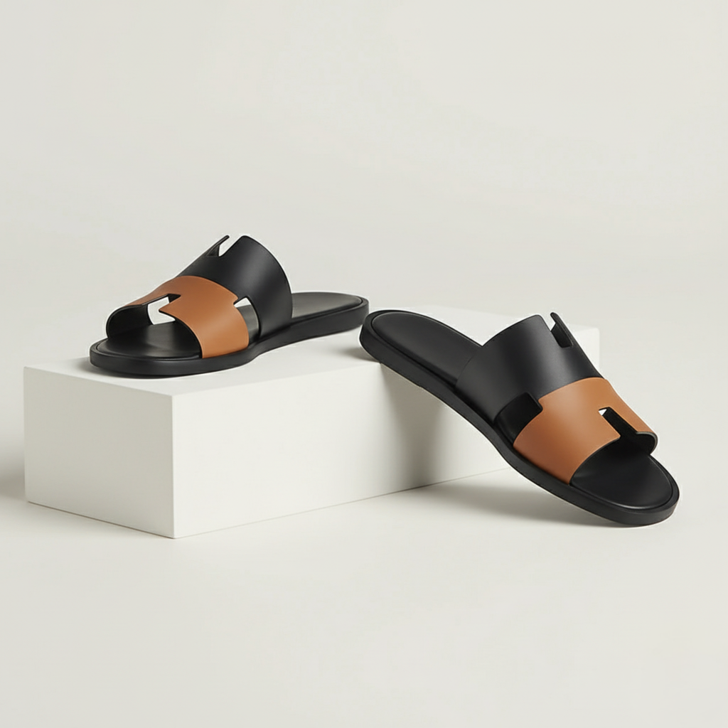 Black and brown sandals on a white pedestal against a light gray background - BlackBole High Quality Sandal