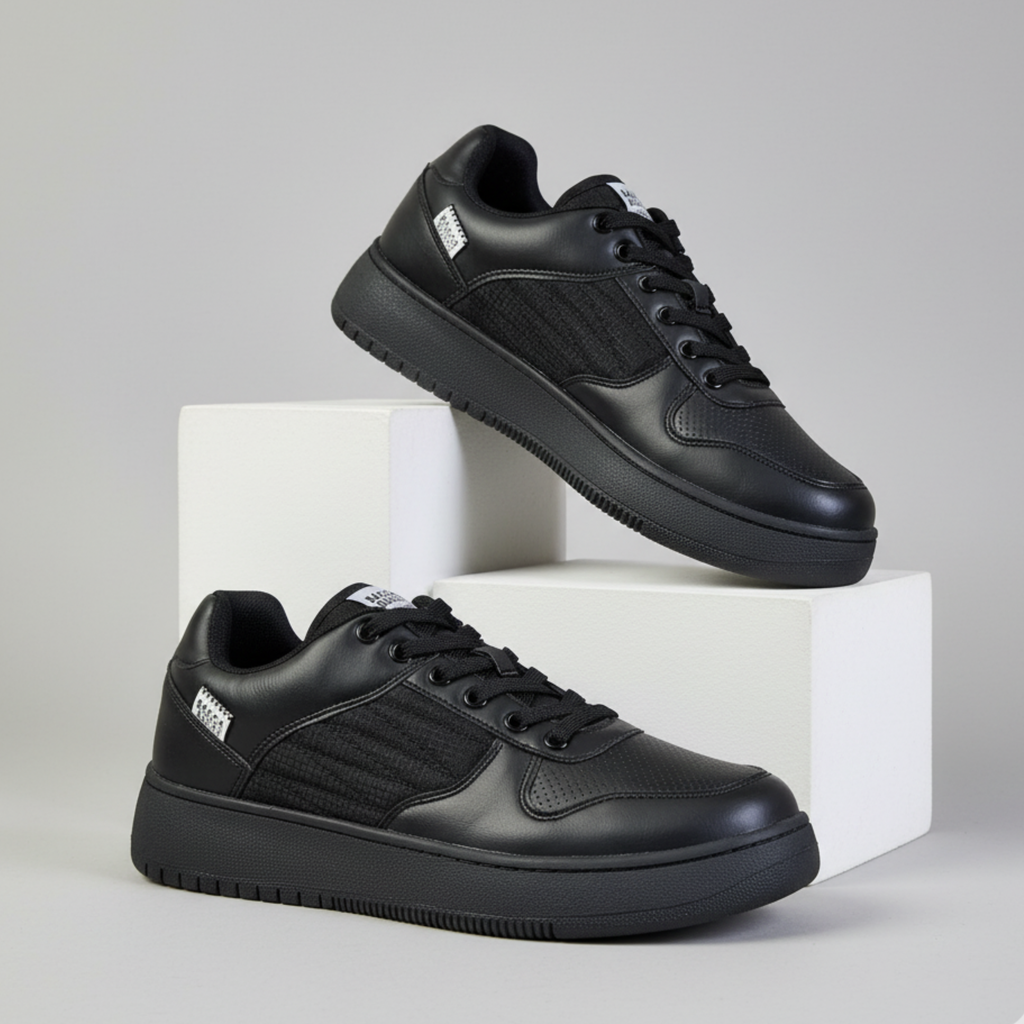 Black sneakers on white blocks against a gray background -BlackBole High Quality Shoe