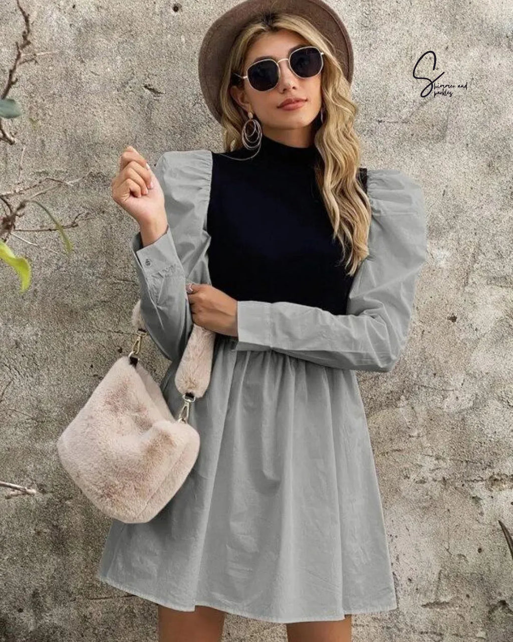 Woman wearing a gray dress, black top, and brown hat against a textured wall - BlackBole High Quality Western Dress